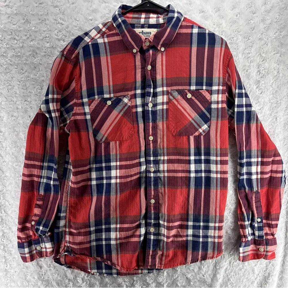 Urban Pipeline Shirt Mens Medium M Long Sleeve Button Up Red Blue Plaid Pattern